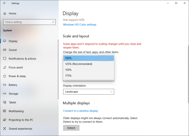 Set the display resolution to 100%